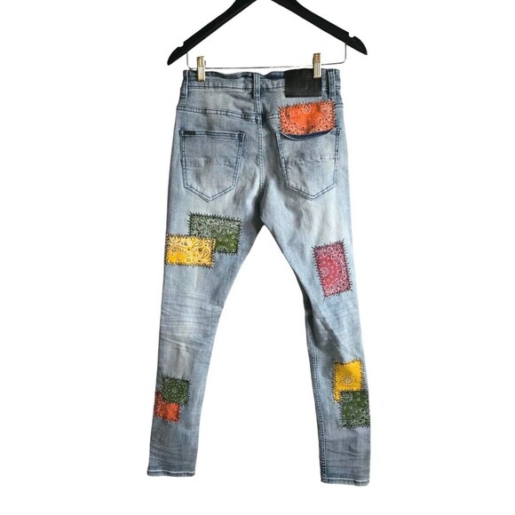 Serenede Patchwork Jeans Men's 30 Blue Distressed Free World Stretch Skinny - Picture 5 of 9